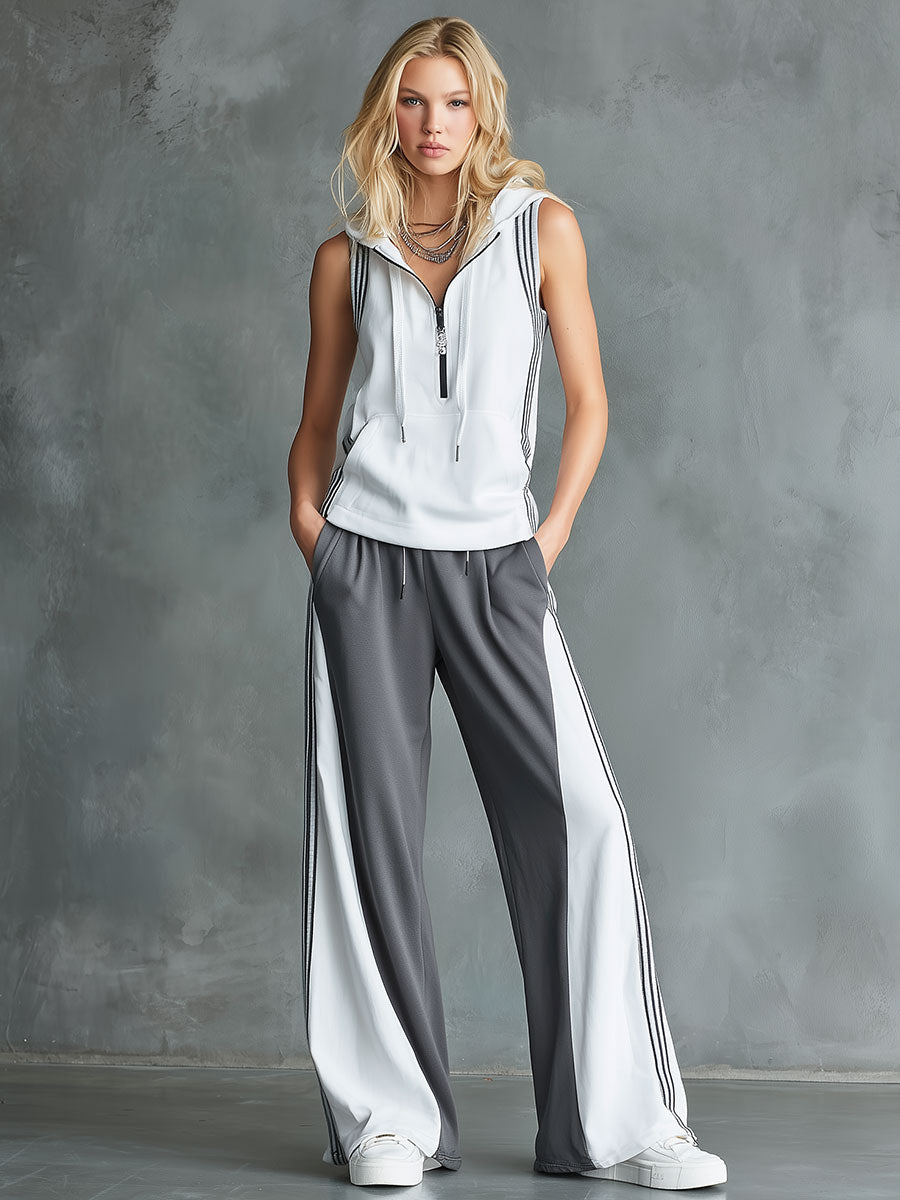 Casual Sporty Colour-Block Hooded Sleeveless Top And Wide-Leg Trousers Set