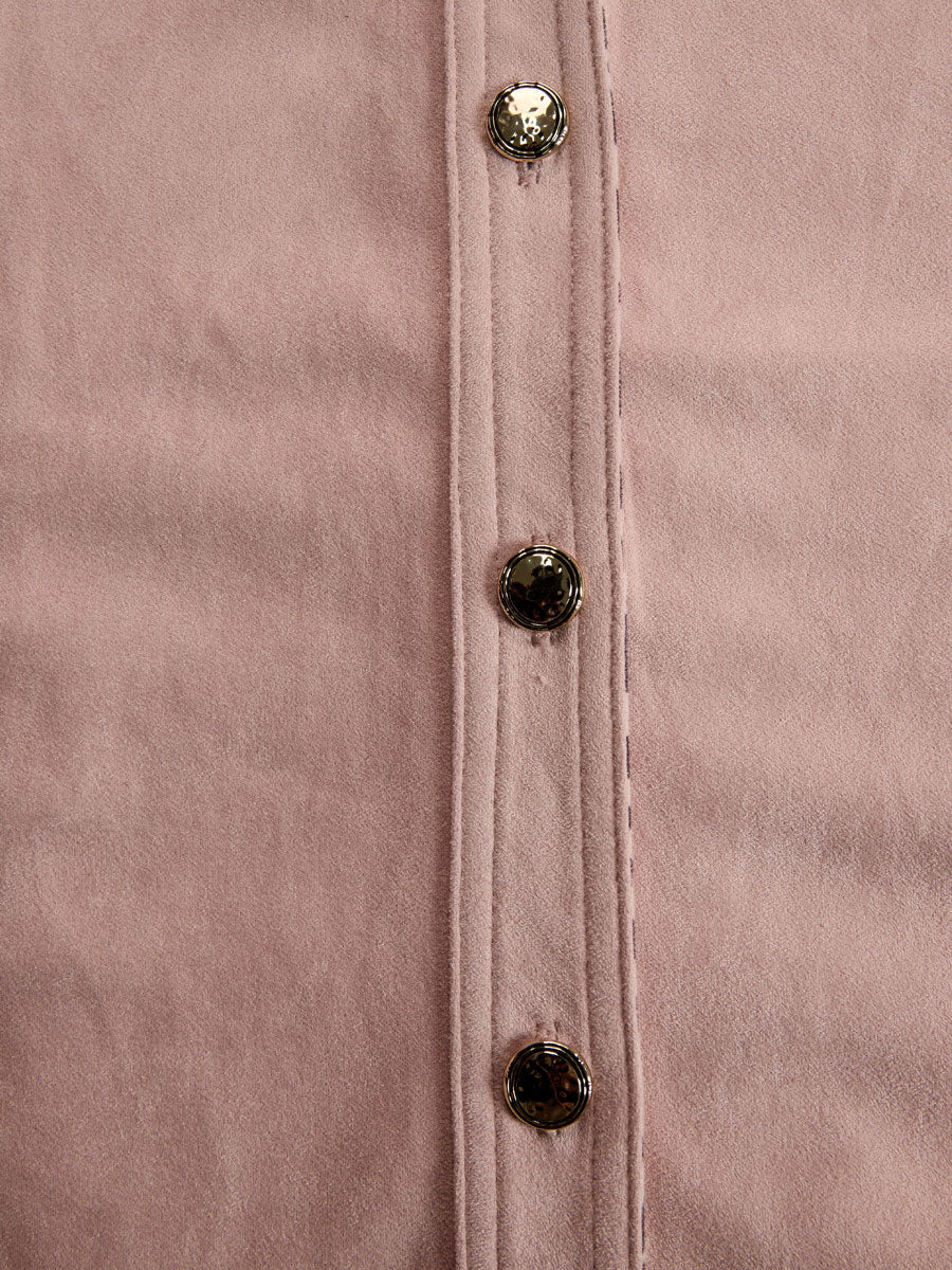 Western Retro Leopard Print Pink Faux Suede Long-Sleeve Shirt