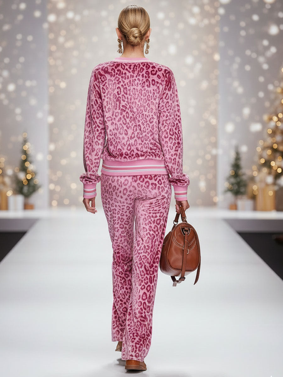 Casual Sporty Retro Pink Velvet Leopard Print Sweatshirt and Wide-Leg Trousers Set