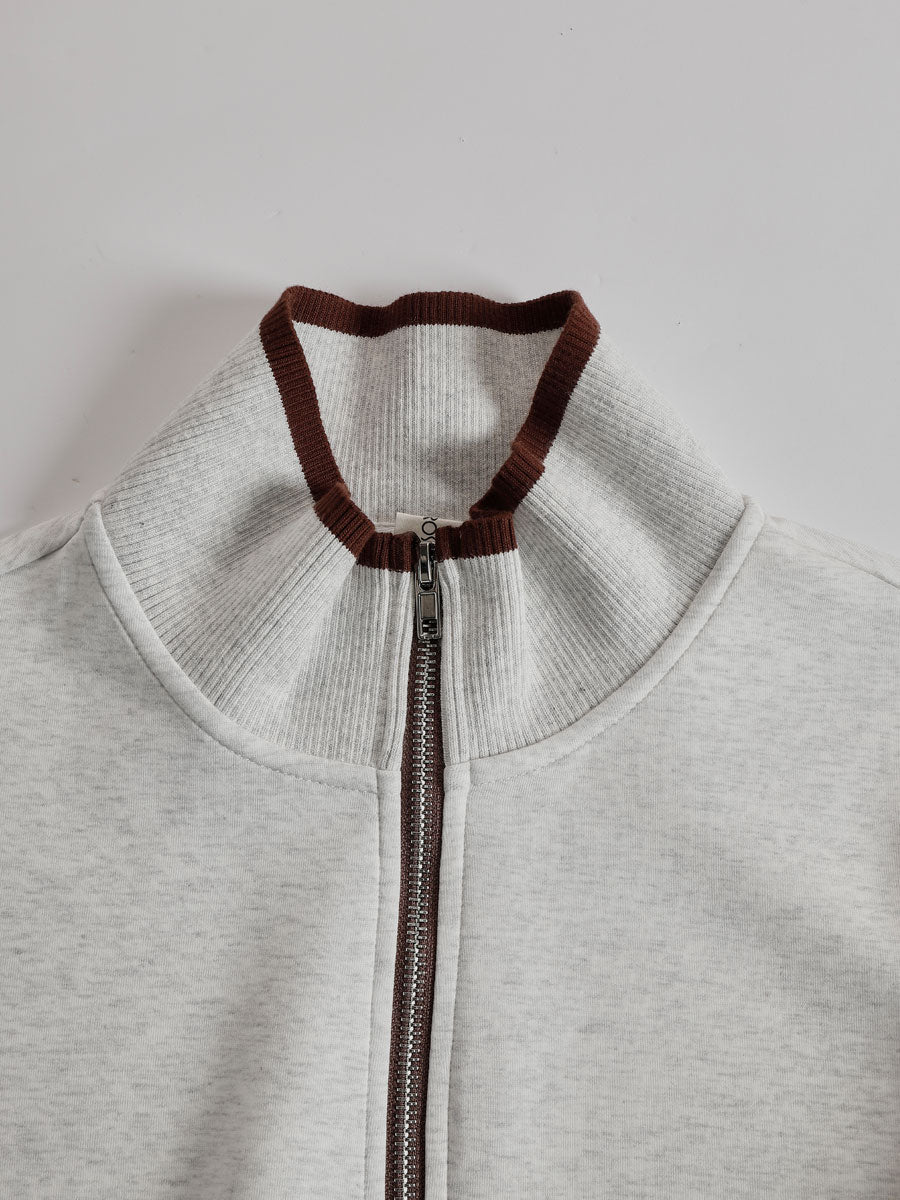 Retro Sporty Webbing Grey-White Half-Zip Sweatshirt and Wide-Leg Pants Set