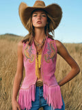 【24-hour shipping out】Casual Loose Vintage Gold Embroidery Pink Suede Tassel Vest