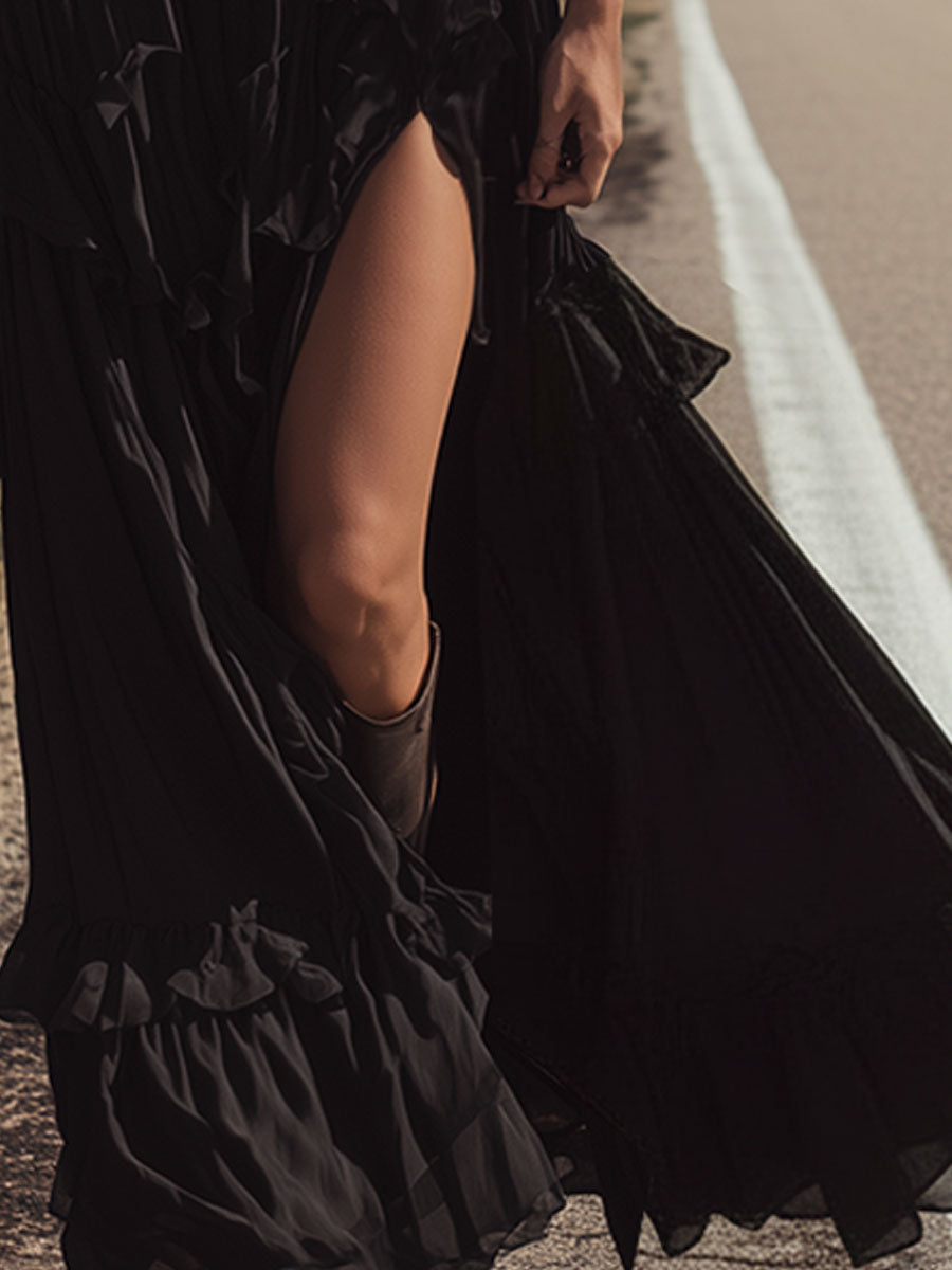 Western-style Retro Embroidered White Faux Suede Top And Black Slit Chiffon Skirt Set