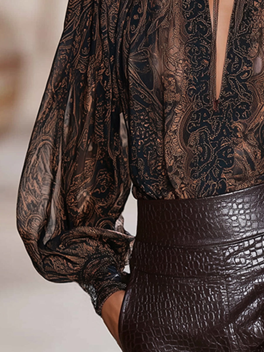 Premium Printed V-Neck Mocha Brown Long Sleeve Shirt
