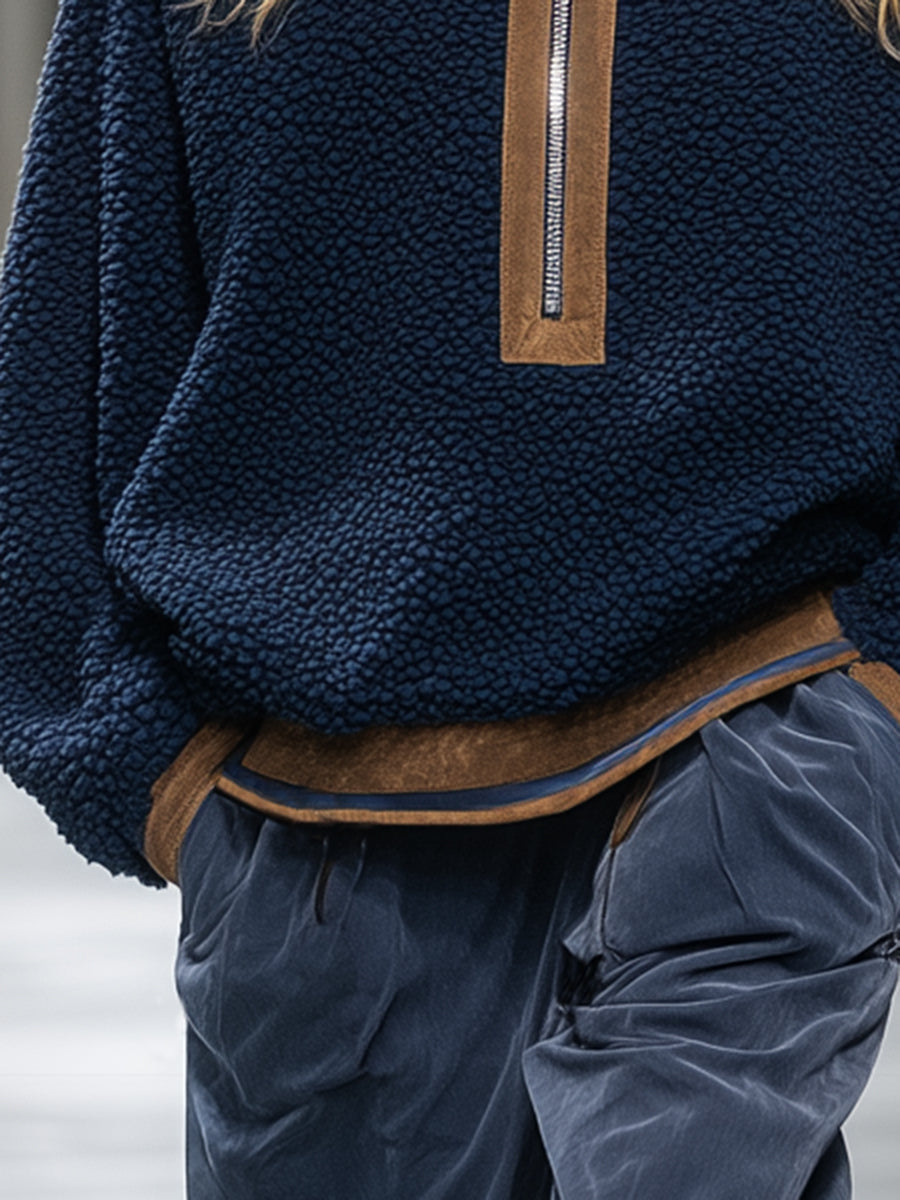 Retro and Fashionable Brown Trim Blue Teddy Fleece Sweatshirt