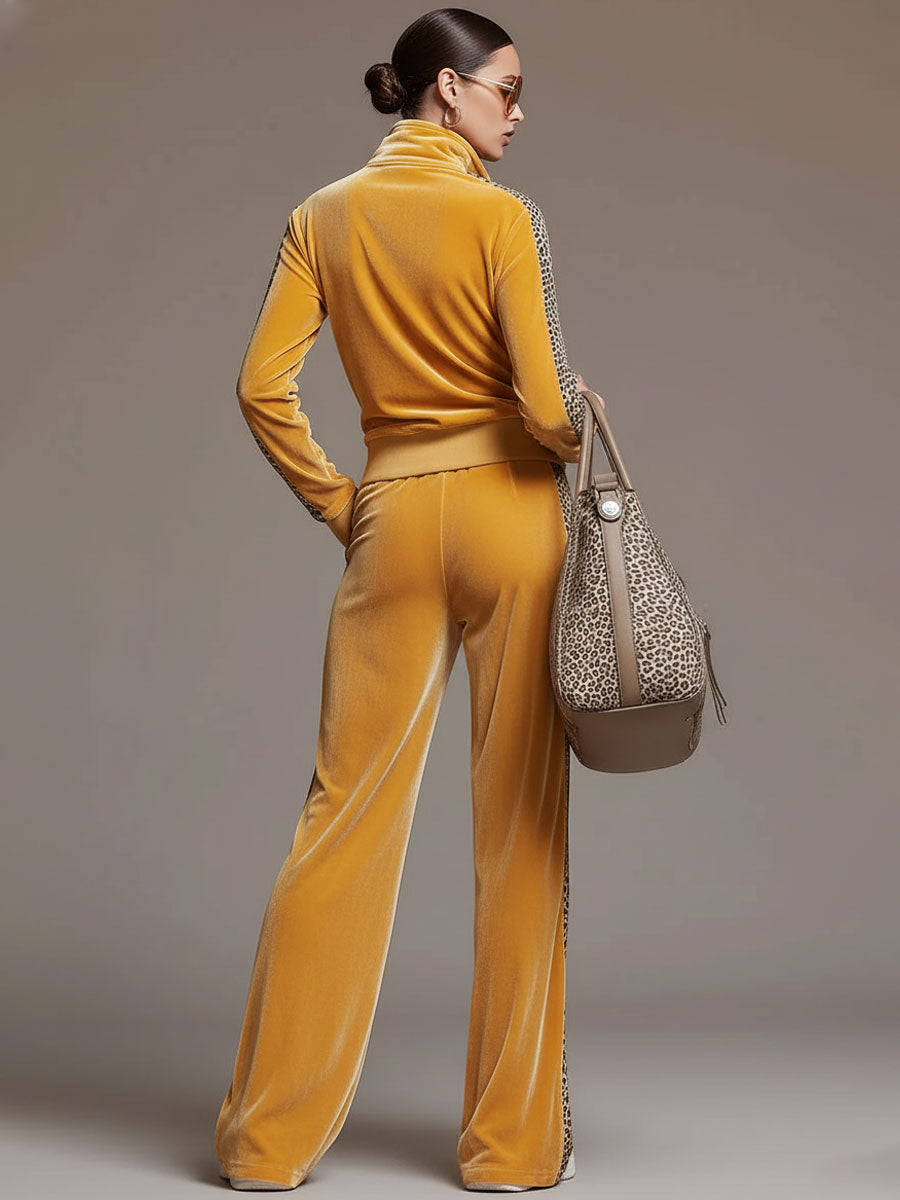 Casual Sporty Retro Leopard Print Trim Yellow Velvet Sweatshirt Wide-Leg Trousers Set