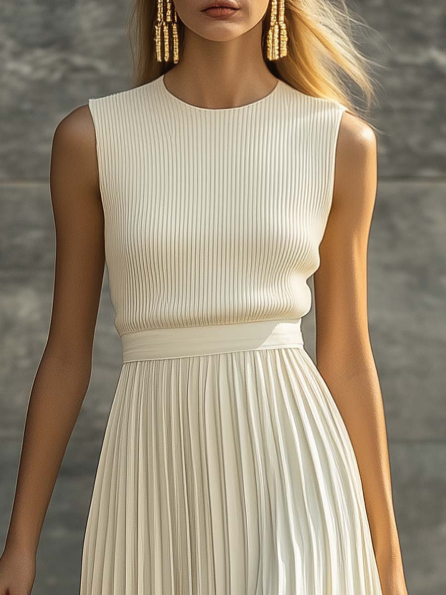 Elegant Casual and Comfortable Cream Knitted Chiffon Pleated Hem Maxi Dress