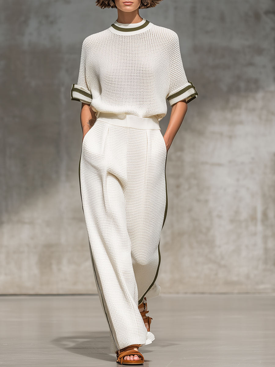 Vintage-Trimmed White Knitted Mesh Short-Sleeved Shirt and Wide-Leg Trousers Set
