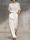 Vintage-Trimmed White Knitted Mesh Short-Sleeved Shirt and Wide-Leg Trousers Set