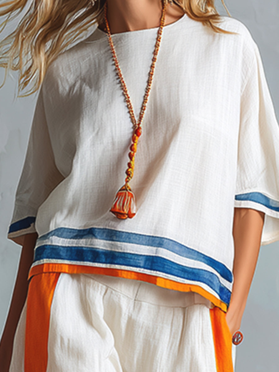 Casual Urban Style Contrast-Trimmed White T-Shirt & Wide-Leg Trousers Cotton-Linen Set