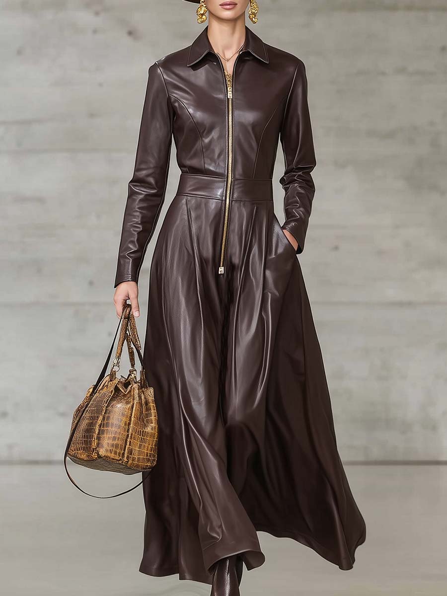 Exquisite Temperament Front Zipper Long Sleeve High-Quality Brown Leather Maxi Dress
