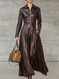 Exquisite Temperament Front Zipper Long Sleeve High-Quality Brown Leather Maxi Dress