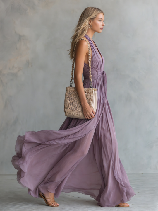 Elegant and Stylish Halter Neck V-neck Sleeveless Chiffon Maxi Dress