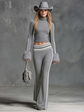 Retro Fashion Sporty Grey Knitted Feather Cuffs High-neck Top And Slim-fit Flared Trousers Suit