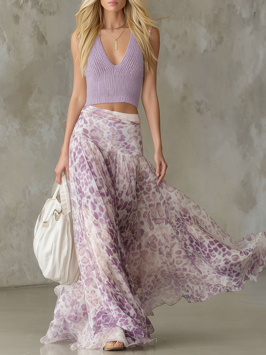 Fitted V-neck Sleeveless Knit Top and Leopard Print Chiffon Skirt Set