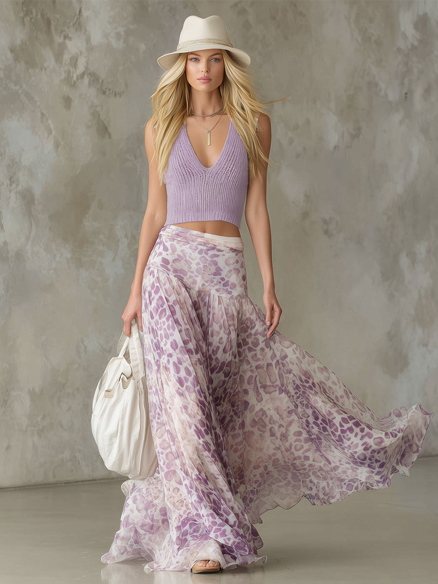 Fitted V-neck Sleeveless Knit Top and Leopard Print Chiffon Skirt Set