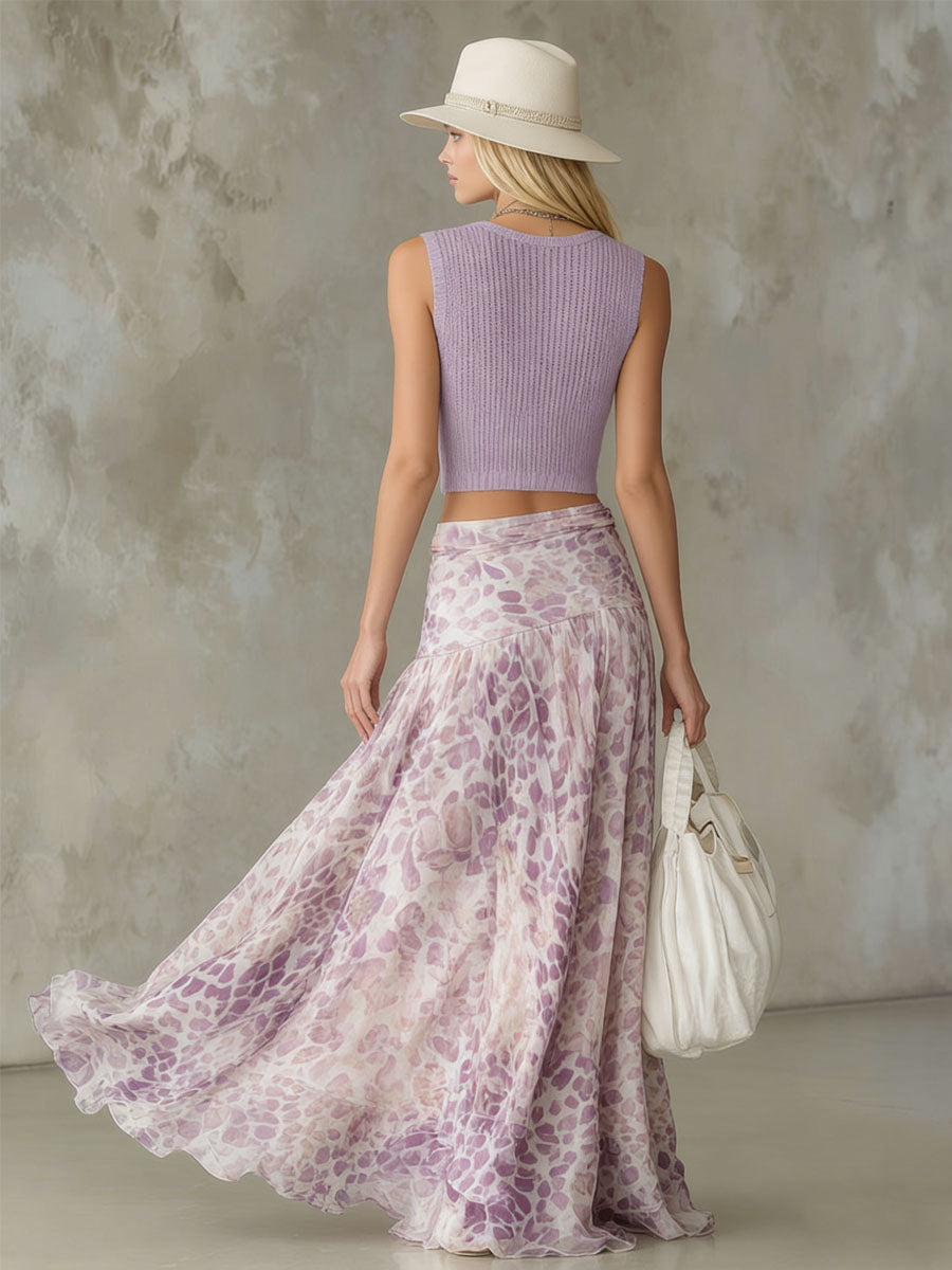 Fitted V-neck Sleeveless Knit Top and Leopard Print Chiffon Skirt Set