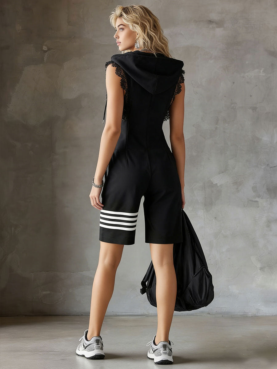 Sporty Retro Lace Striped Black Sleeveless Shorts Hooded Jumpsuit