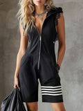 Sporty Retro Lace Striped Black Sleeveless Shorts Hooded Jumpsuit