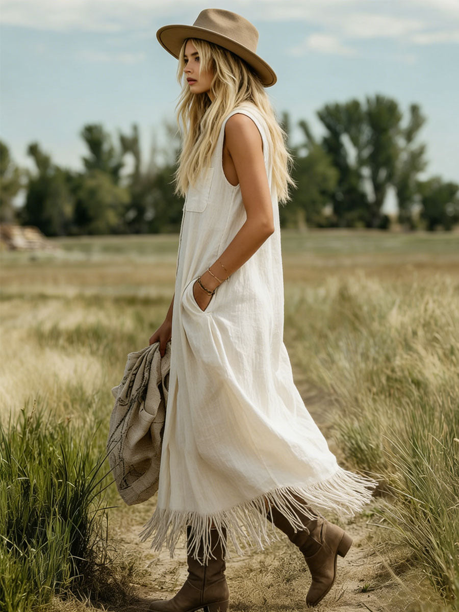 Loose Cotton-Linen Collared Fringed Sleeveless Maxi Dress