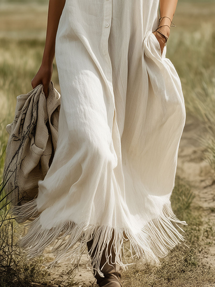 Loose Cotton-Linen Collared Fringed Sleeveless Maxi Dress