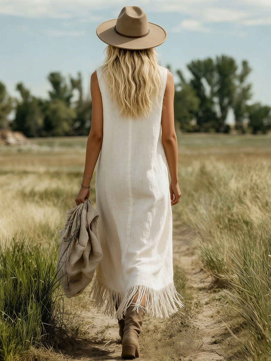 Loose Cotton-Linen Collared Fringed Sleeveless Maxi Dress