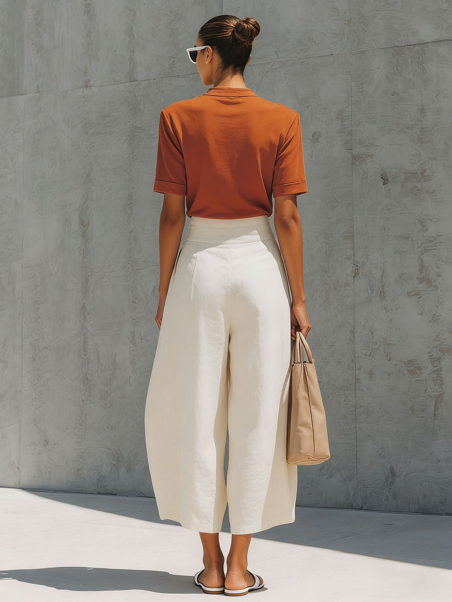 Casual Retro Orange Cotton Short-Sleeve T-Shirt and Linen Capri Pants Set
