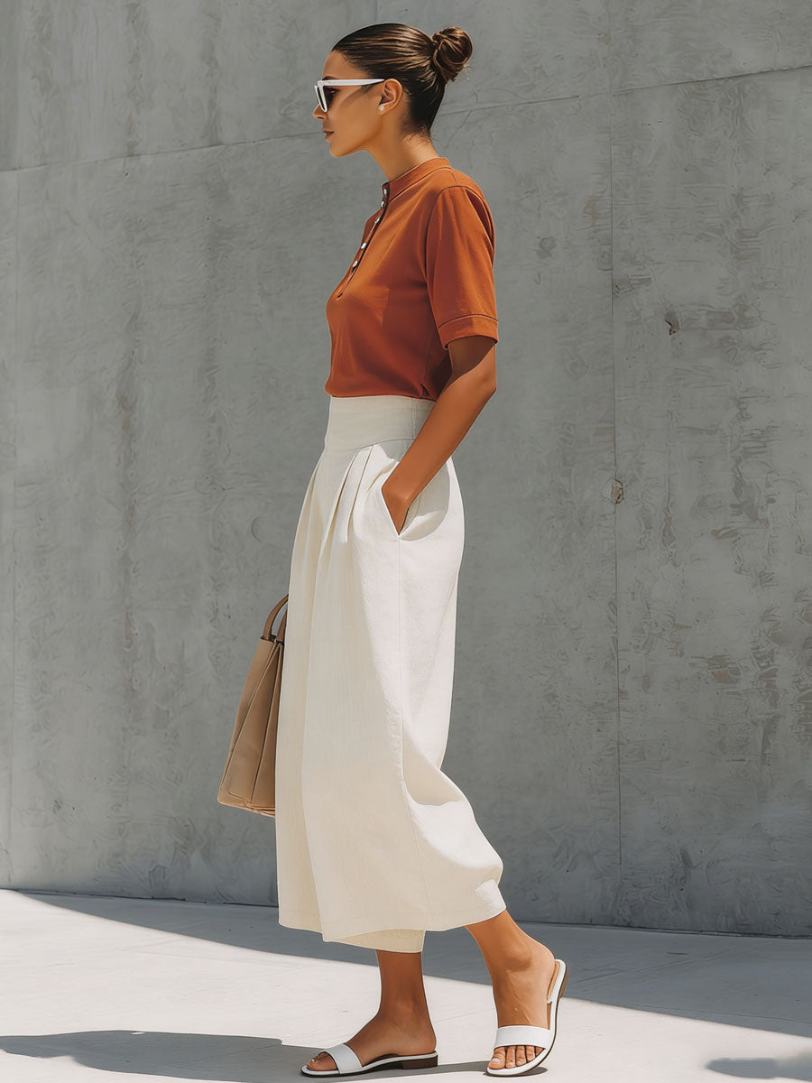 Casual Retro Orange Cotton Short-Sleeve T-Shirt and Linen Capri Pants Set