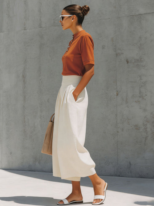 Casual Retro Orange Cotton Short-Sleeve T-Shirt and Linen Capri Pants Set