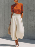 Casual Retro Orange Cotton Short-Sleeve T-Shirt and Linen Capri Pants Set