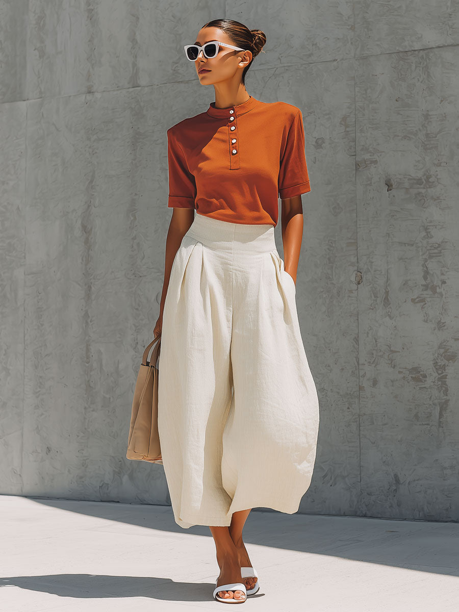 Casual Retro Orange Cotton Short-Sleeve T-Shirt and Linen Capri Pants Set