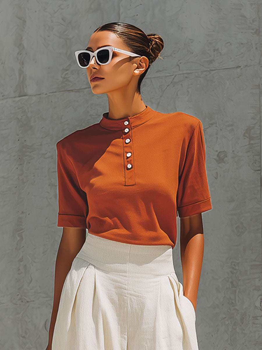 Casual Retro Orange Cotton Short-Sleeve T-Shirt and Linen Capri Pants Set