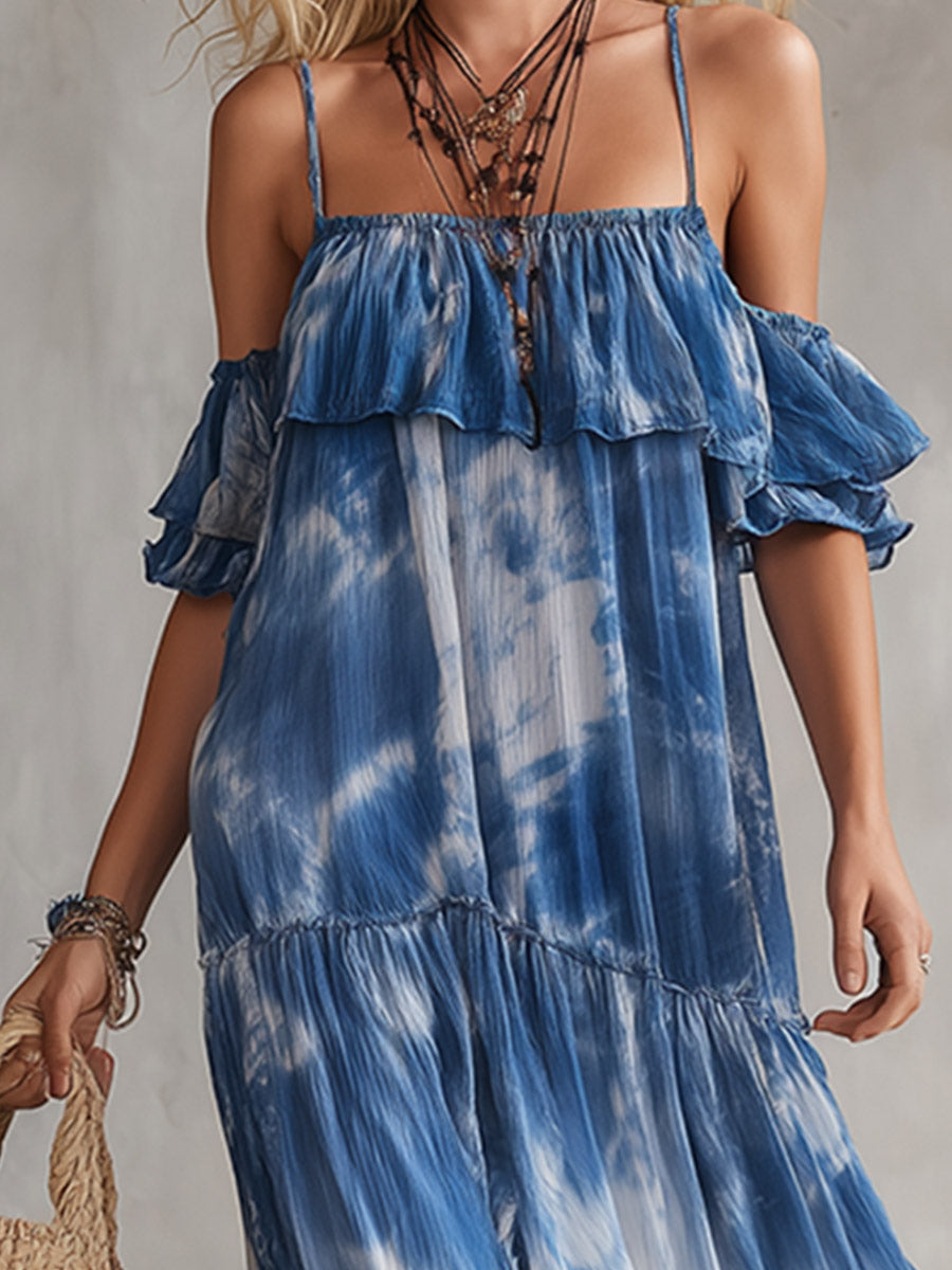 Exquisite Blue Tie-Dye Print Chiffon Off-Shoulder Short-Sleeve Maxi Dress