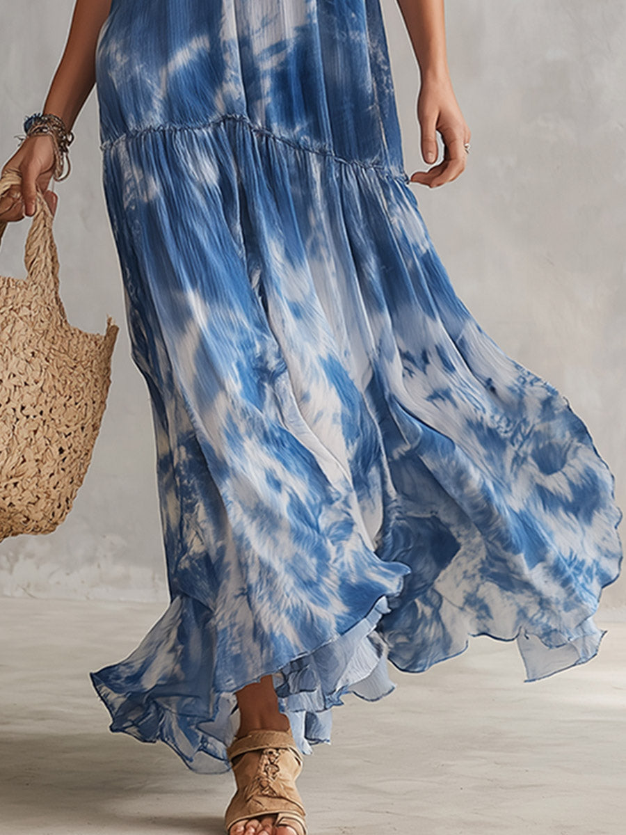 Exquisite Blue Tie-Dye Print Chiffon Off-Shoulder Short-Sleeve Maxi Dress