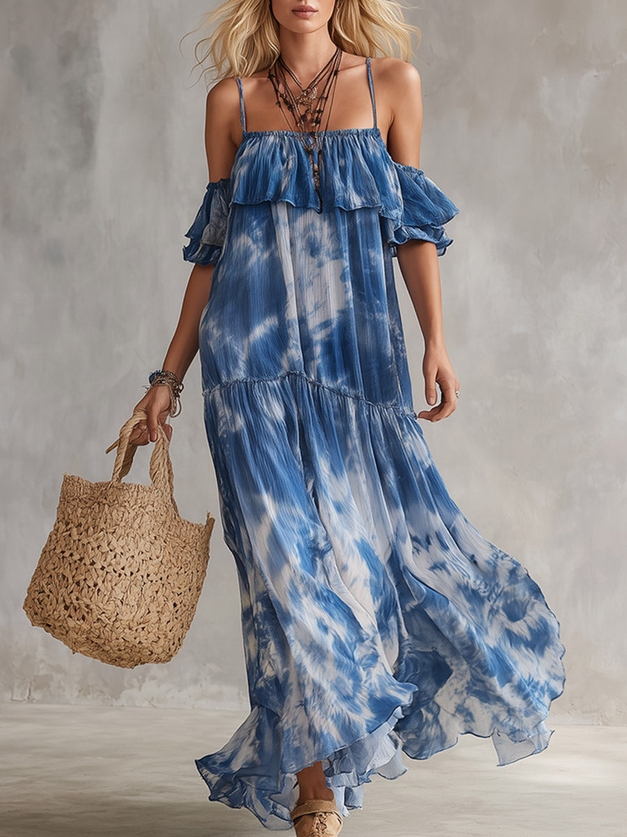 Exquisite Blue Tie-Dye Print Chiffon Off-Shoulder Short-Sleeve Maxi Dress