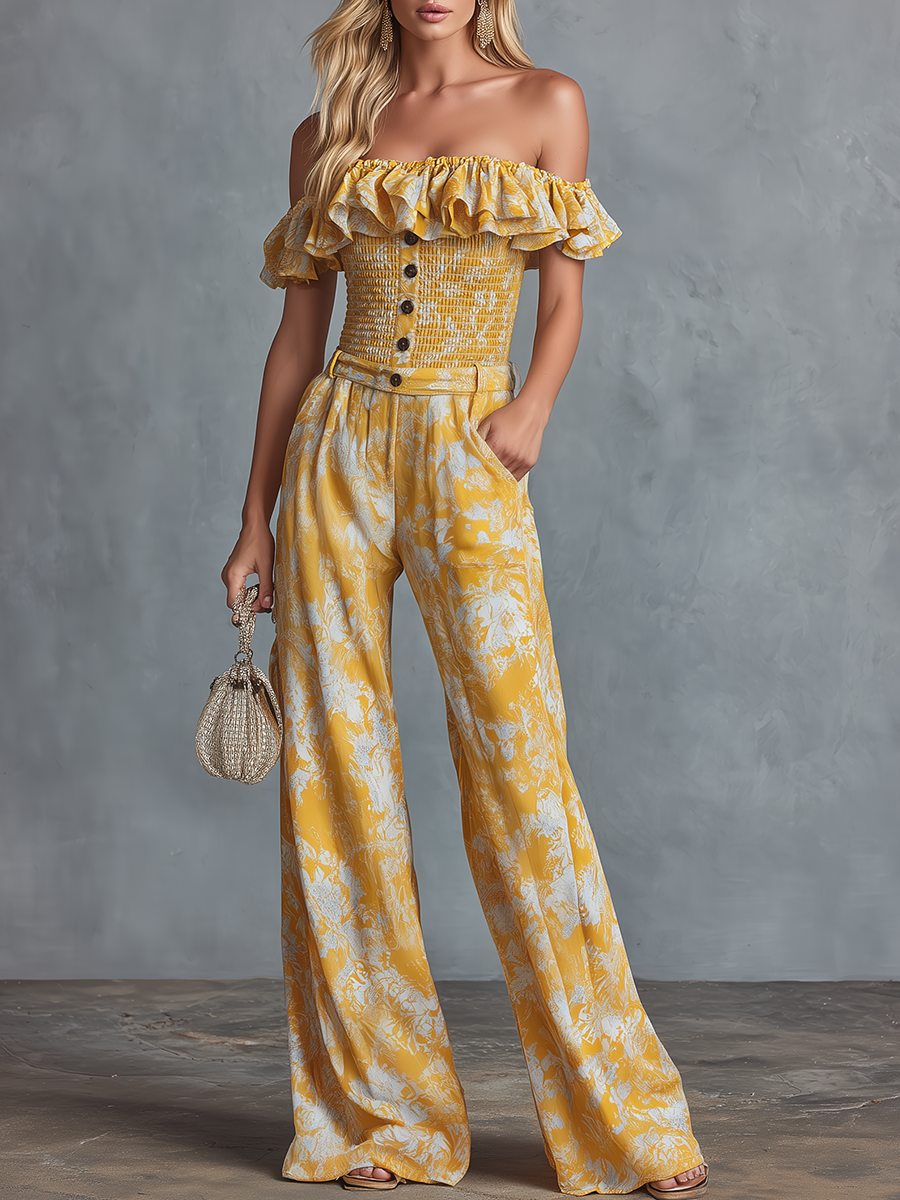 Stylish and Casual Off-the-shoulder Ruffled Top and Printed Chiffon Trousers Set