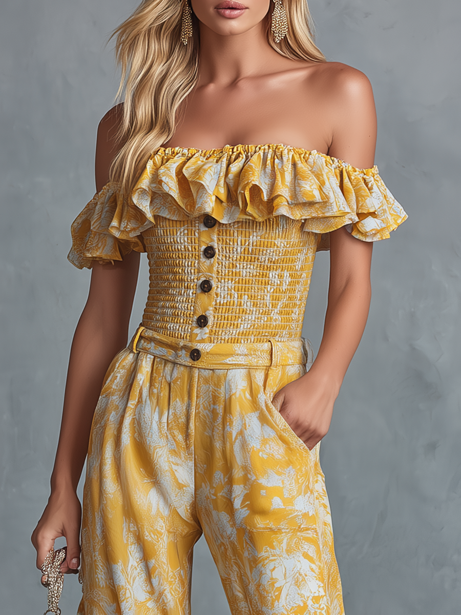 Stylish and Casual Off-the-shoulder Ruffled Top and Printed Chiffon Trousers Set