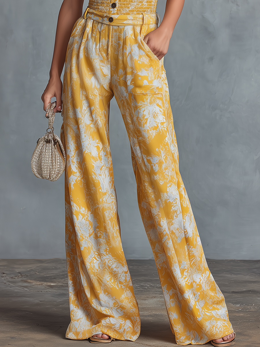 Stylish and Casual Off-the-shoulder Ruffled Top and Printed Chiffon Trousers Set