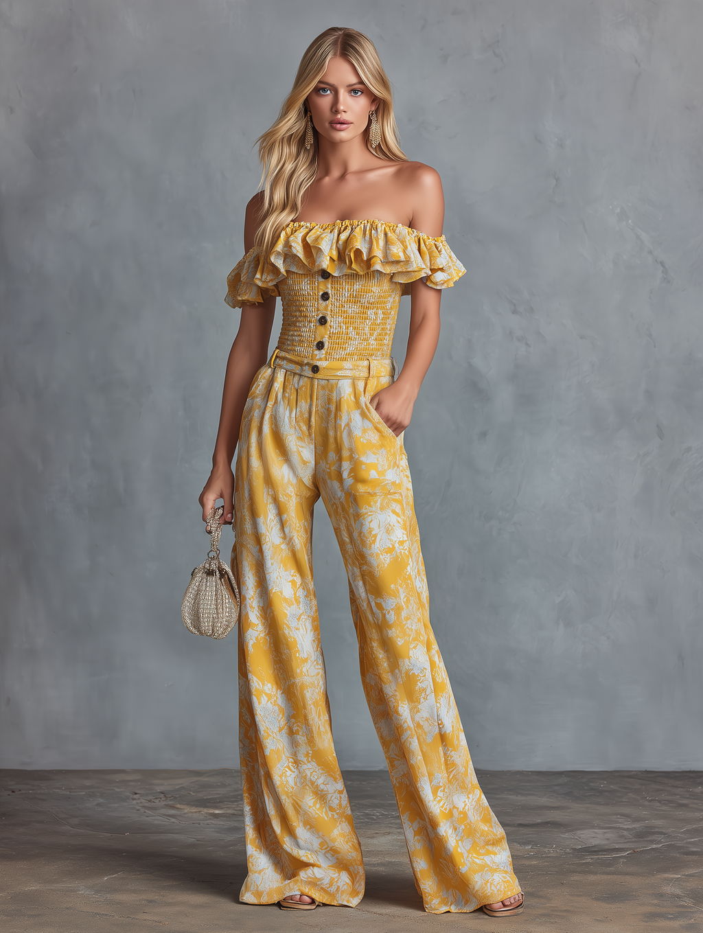 Stylish and Casual Off-the-shoulder Ruffled Top and Printed Chiffon Trousers Set