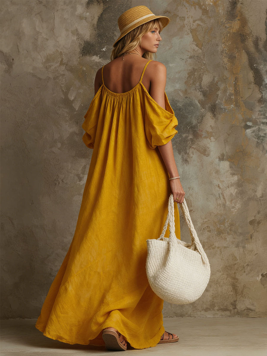 Loose-fitting Orange Off-shoulder Short-sleeved Maxi Dress