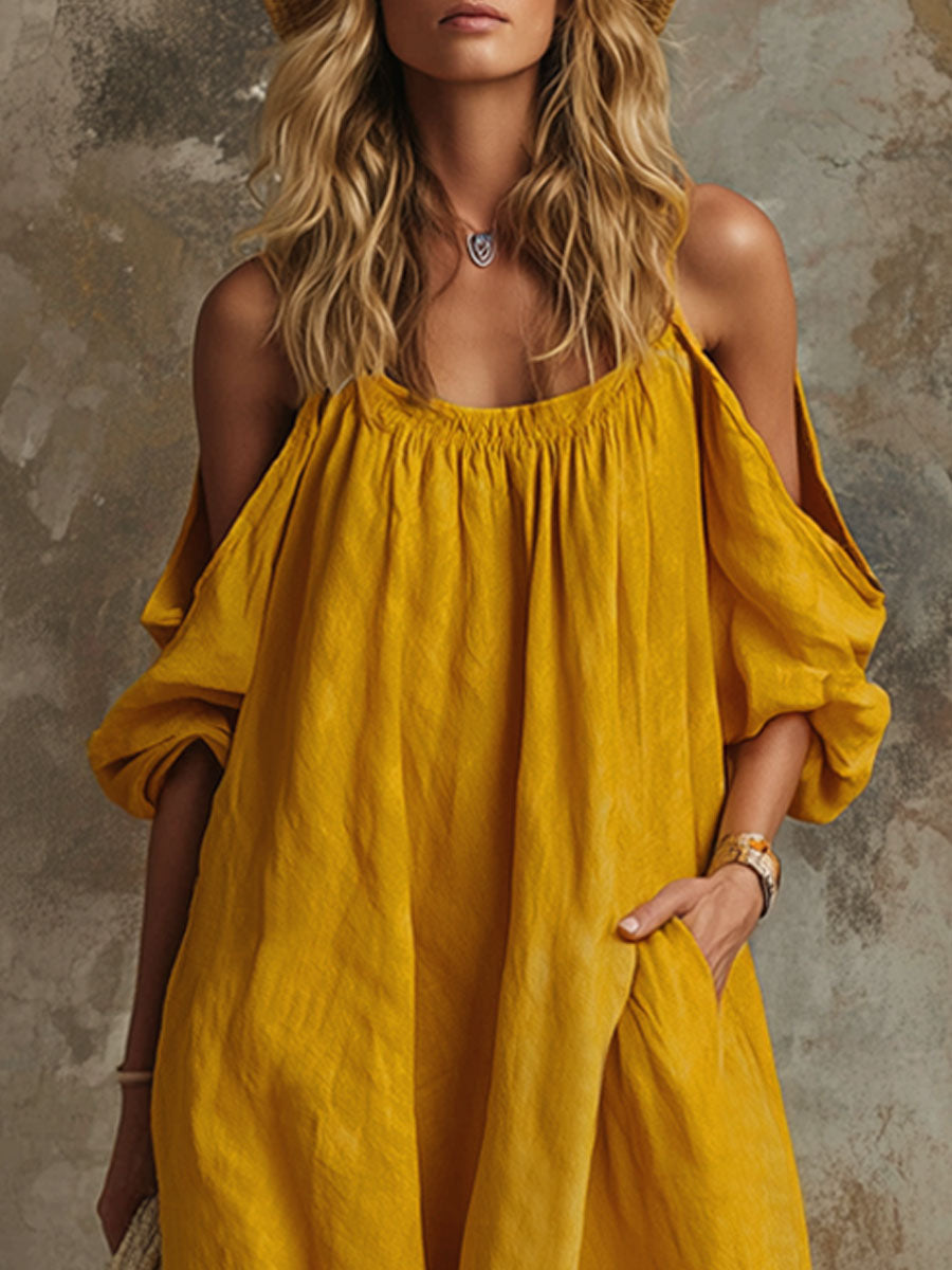 Loose-fitting Orange Off-shoulder Short-sleeved Maxi Dress