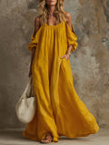 Loose-fitting Orange Off-shoulder Short-sleeved Maxi Dress