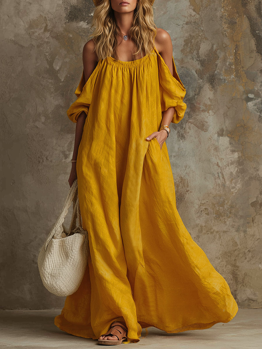 Loose-fitting Orange Off-shoulder Short-sleeved Maxi Dress