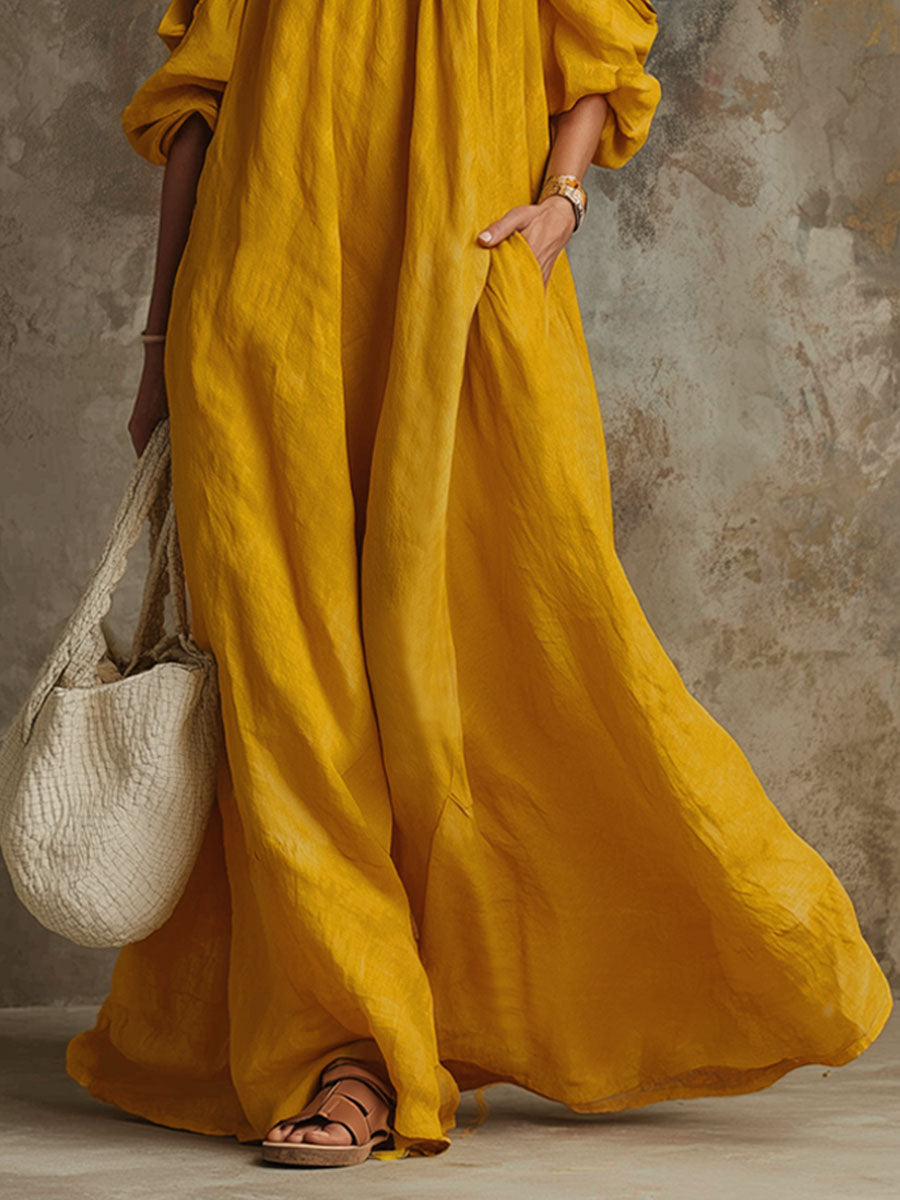 Loose-fitting Orange Off-shoulder Short-sleeved Maxi Dress