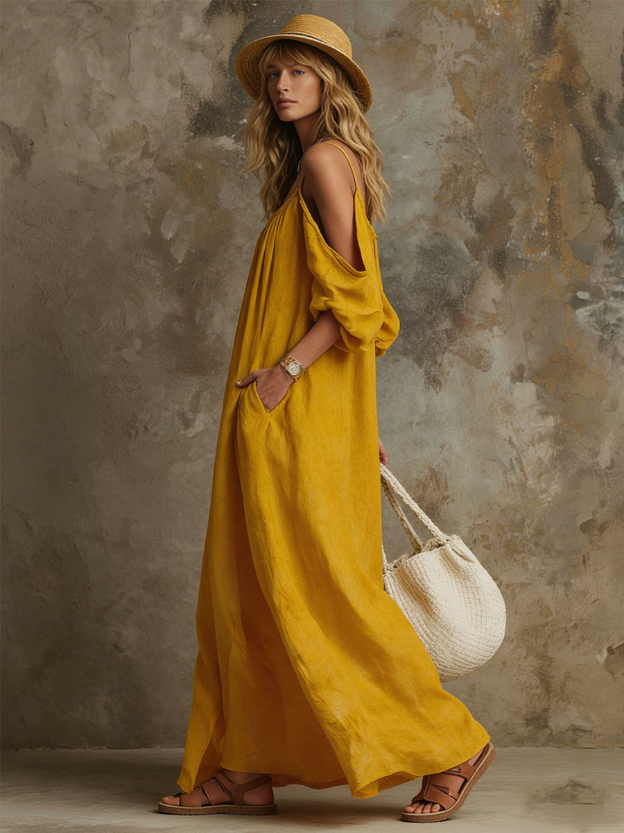 Loose-fitting Orange Off-shoulder Short-sleeved Maxi Dress