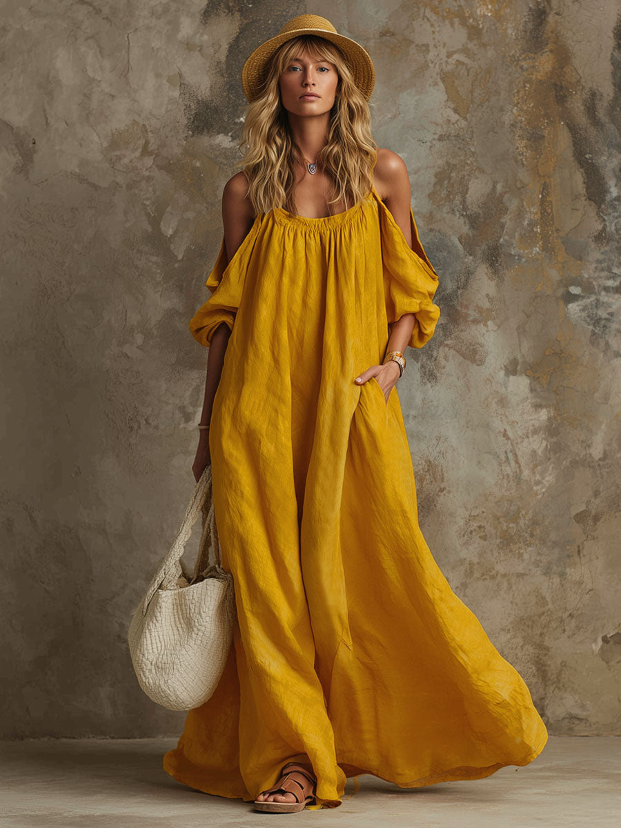 Loose-fitting Orange Off-shoulder Short-sleeved Maxi Dress