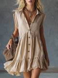 Chic Apricot Cotton-Linen Wide-Shoulder Sleeveless Mini Dress