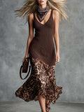 Retro Western V-Neck Brown Breathable Knit Spliced with Leopard-Print Chiffon Midi Dress