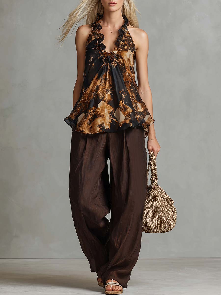Western Vacation Brown Chiffon Vintage-Print Ruffled V-Neck Top And Cotton-Linen Trousers Set