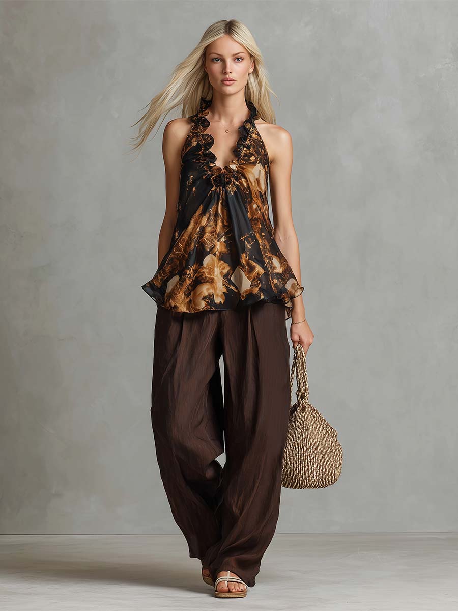 Western Vacation Brown Chiffon Vintage-Print Ruffled V-Neck Top and Cotton-Linen Trousers Set