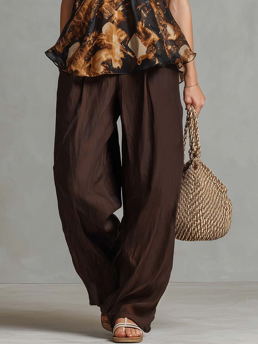 Western Vacation Brown Chiffon Vintage-Print Ruffled V-Neck Top and Cotton-Linen Trousers Set